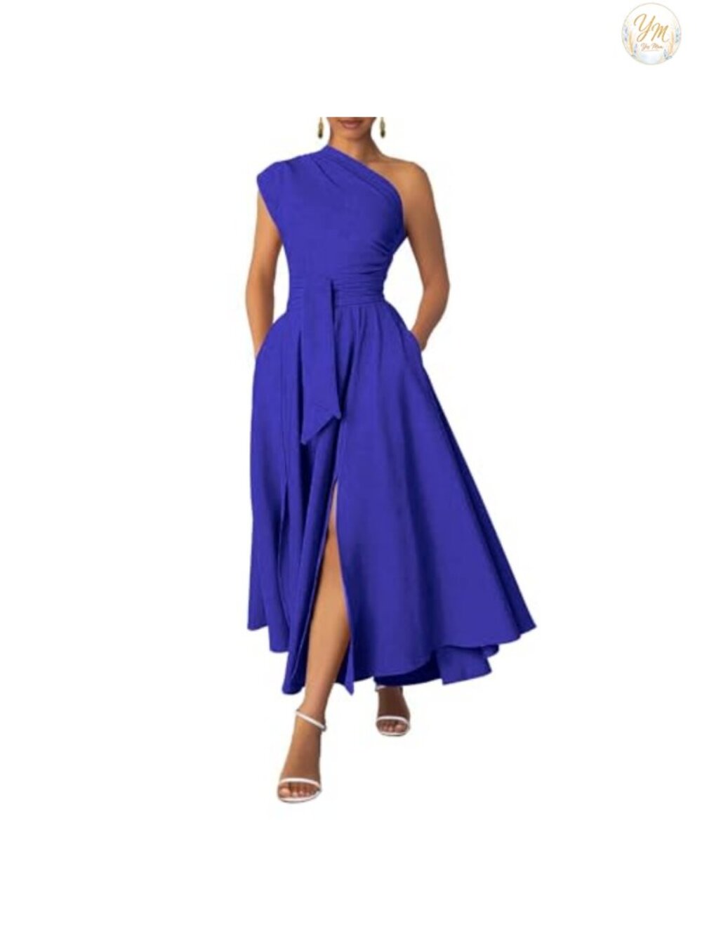 Women's One Shoulder Ruched Maxi Dress, Formal Floor-Length A-Line with Belt,